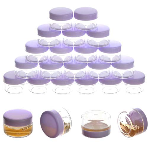 5 Gram Sample Containers with Lids, Mini Makeup Containers, Empty Plastic Travel Cosmetic Containers with Labels(50 Count, Purple Lid) - color: Purple