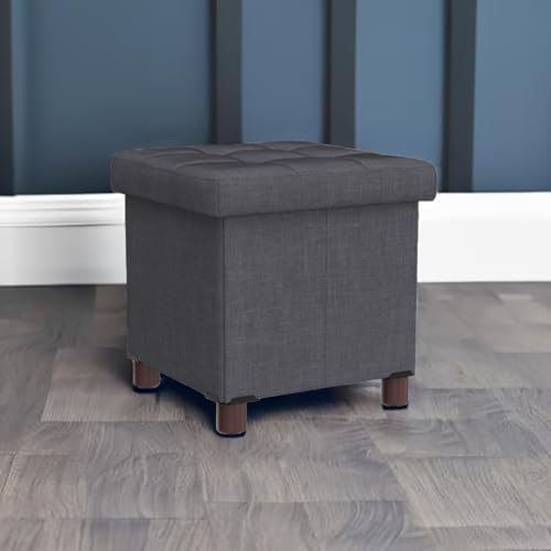 15 Inch Storage Ottoman with Wooden Legs - Cube Foot Rest Stool, Square Footstool, Comfortable Seat with Lid, Foldable Fabric Ottoman, Space-Saving Grey - color: Squ Grey