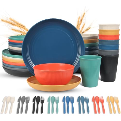 LAERJIN 56 Piece Wheat Straw Dinnerware Sets, Service for 8, Unbreakable Reusable Dinnerware Set,Dishwasher & Microwave Safe Plates and Bowls Sets, for Apartment Essentials, Outdoor Camping, Colourful