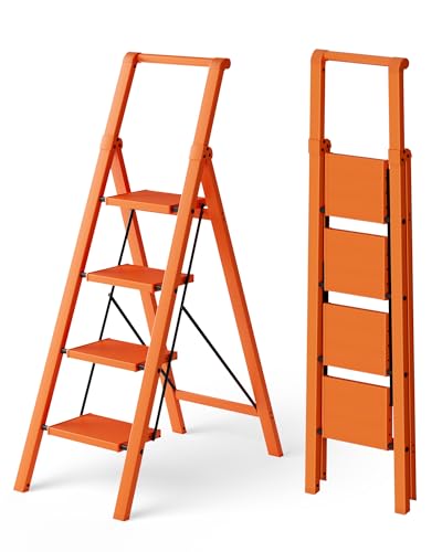 HillhutApex 4 Step Foldable Aluminum Step Ladder with Handgrip, Anti-Slip Pedal, 330 lbs Capacity, Lightweight & Portable for Home, Kitchen, Office, Garage (Orange) - color: Orange, size: 4 Step With Handrail