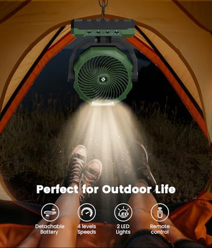 36000mAh Portable Camping Fan - 120HRS Rechargeable Fan with Detachable Battery with LED - 4 Speeds Battery Powered for Tent,Travel, Office, Jobsite, Green - color: Green