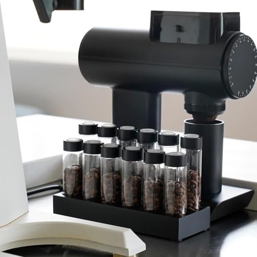 watchget Coffee Bean Container 12PCS Coffee Bean Cellars Tubes Single Dose Coffee Beans Storage with One-Way Exhaust Valve & Black Stand & Silicone Funnel- Organized Storage Solution - color: Black ABS Lid 12PCS