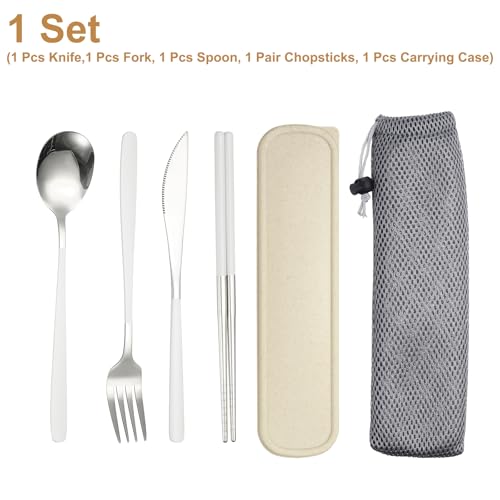 uxcell Travel Utensils with Case, Stainless Steel Portable Silverware, White/Silver - color: White/Silver