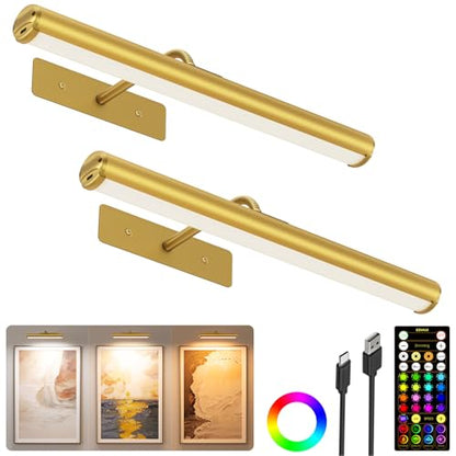 EZVALO 13in Picture Light for Wall, 4000mAh Rechargeable Art Light with Remote, RGB & 3 Color Temps, Battery Operated Wall Light for Paint, Photo - 2 Pack - color: RGB Gold