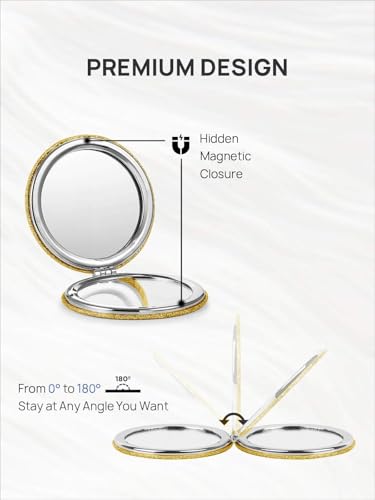 OMIRO 1X/10X Magnifying Compact Mirror with PU Leather, Ultra-Portable for Purses and Travel, Round Gold - color: Gold