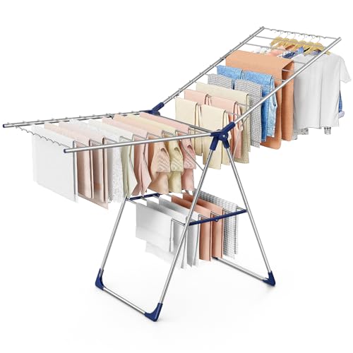 Sakugi Clothes Drying Rack with Height-Adjustable Wings, Metal Foldable Laundry Dryer Stand for Clothing & Bedding, Free-Standing Collapsible for Indoor & Outdoor Use, 69.5" L × 22.8" W, Silver Blue - color: Silver & Blue, size: XX-Large (69.5"L x 22.8"W