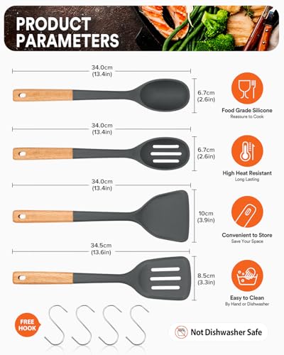 Silicone Cooking Utensils Set, Perfectly Angled for Frying, Mixing,Serving,Draining,Turning and Stirring, BPA-Free Matte Silicone, Wood Handles, Safe for Nonstick Cooking Surfaces,4 Pack (Grey) - color: Gray