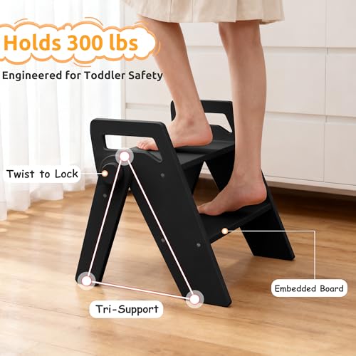 Wooden 2 Step Stool for Toddler Kids Bathroom Foldable 2-Step for Toilet Potty Training, Child Stepping Stool for Kitchen Nursery Bedroom - color: Black