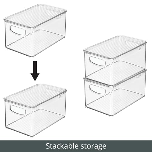 mDesign Plastic Deep Storage Bin Box Container with Lid and Built-In Handles - Organization for Fruit, Snacks, or Food in Kitchen Pantry, Cabinet, or Cupboard, Ligne Collection, 2 Pack, Clear