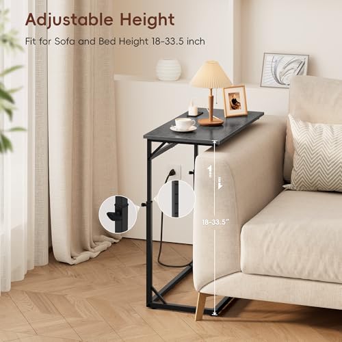Vagusicc C Shaped End Table with Charging Station, Large C-Table End Table Adjustable Height Side Table for Couch, Sofa Table Slide Under Couch Table TV Tray Table for Living Room, Bedroom,Gray Walnut - color: Gray Walnut, style: With Plug