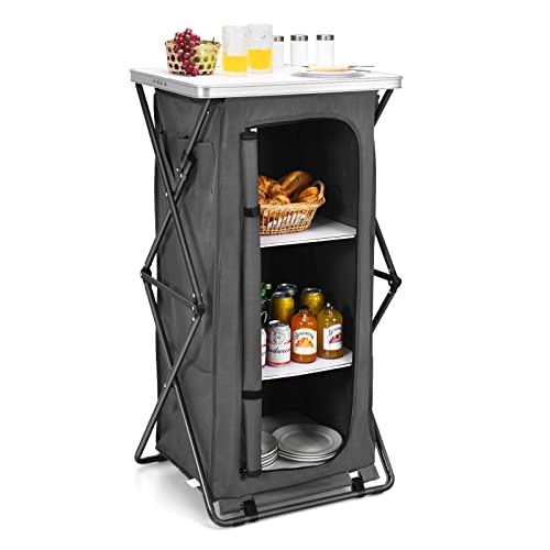 Goplus Folding Camping Storage Cabinet, Pop Up Outdoor Camping Kitchen Station with Large 3-Tier Storage Organizer, Carry Bag, Easy Set Up Portable Compact Camping Table for BBQ Picnic Backyard (47'') - size: 47''
