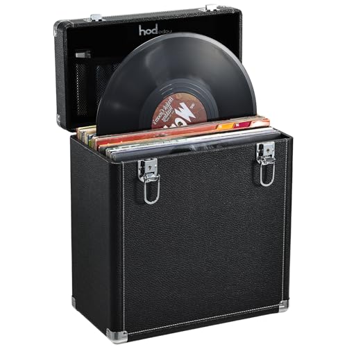 Hododou Vinyl Record Storage Box with Lock Record Organizer Storage for 30+ Single Records 12-inch Water Resistant Collapsible Storage Crate with Lid Handle Mesh Pouch for Valuable Album Collection - color: Black