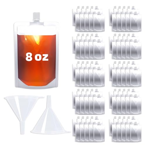 100PCS 8OZ Plastic Flasks,Reusable Drink Pouches with Funnel,Spouted Drinking Bags for Liquid Beverage Juice,Leak-Proof Food Grade for Travel Outdoor Sports Concert Cruise Events - color: 8OZ 100PCS +2 Funnel