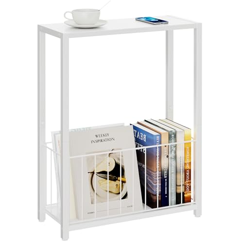 Homleke Narrow Side Tables Set of 2 with Magazine Holder, Skinny End Tables Perfect for Small Spaces, Space-Saving Design for Living Room, Bedroom, or Office, 7.1" D x 16.9" W x 23.6" H, White - color: White - Standard