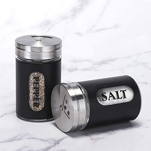 Salt and Pepper Shakers Stainless Steel and Glass Set with Adjustable Pour Holes - color: Black