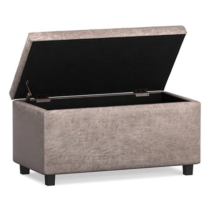 SIMPLIHOME Cosmopolitan Storage Ottoman - 34 inch Wide Upholstered Vegan Leather Rectangle Storage Ottoman Bench in Distressed Grey Taupe, Transitional Tufted Ottoman for Living Room with Lift-Up Lid - color: Distressed Grey