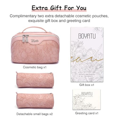BOYATU Travel Makeup Bags Cosmetic Organizer Bag: 3-Set Large Capacity Make up Bag - PU Leather Toiletry Bags for Women - Wide Open Portable Pouch with Divider & Handle (01-Z-Pink) - color: 01-Z-Pink