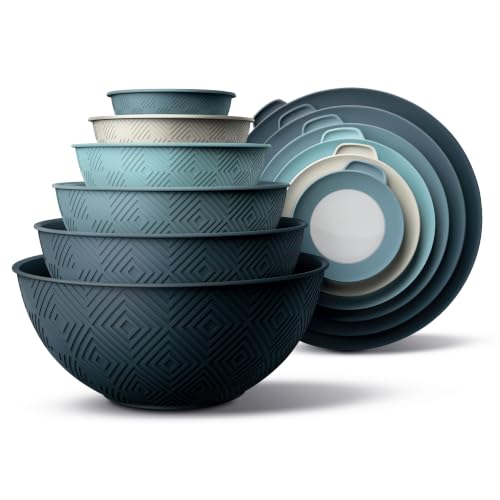 COOK WITH COLOR Mixing Bowls with Lids - 12 Piece Plastic Nesting Bowls Set includes 6 Prep Bowls and 6 Lids, Microwave Safe Mixing Bowl Set, Blue Rhombus - color: Blue Rhombus