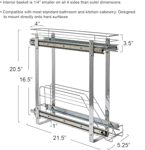 Household Essentials Glidez Multipurpose Chrome-Plated Steel Pull-Out/Slide-Out Storage Organizer for Cookware and Bakeware - 2-Tier Design - Fits Standard Size Cabinet or Shelf, Chrome - size: 5" - Extended, style: Dual Slide