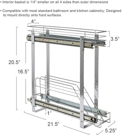Household Essentials Glidez Multipurpose Chrome-Plated Steel Pull-Out/Slide-Out Storage Organizer for Cookware and Bakeware - 2-Tier Design - Fits Standard Size Cabinet or Shelf, Chrome - size: 5" - Extended, style: Dual Slide