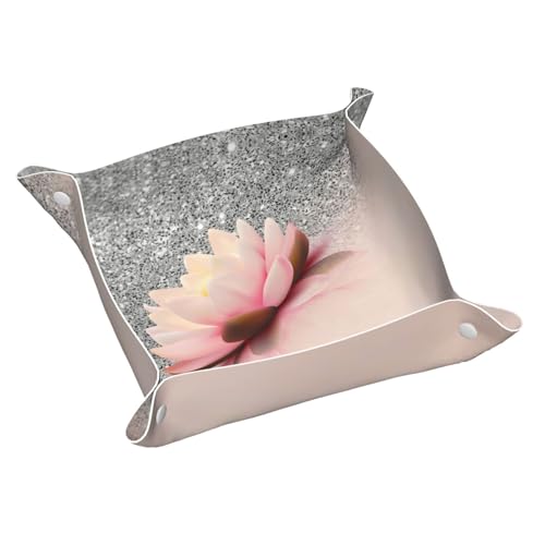 Trendy Girly Lotus Silver Leather Vanity Tray Desktop Storage Organizer, Decorative Catchall Perfume Tray, Bathroom Valet Tray,Nightstand Caddy Holder for Keys Phone Wallet Coin Jewelry, S - color: Trendy Girly Lotus Silver, size: 7.9" x 7.9" x 0.2"