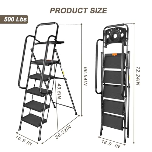 Valeo 5 Step Ladder with Handrails,500 Lbs Capacity,Folding Step Stool Ladder with Tool Platform,Wide Anti-Slip Pedal,Step Ladder 5 Step Folding,Multi-use for Home,Kitchen,Office,Black - style: 5 Step Ladder with Handrails
