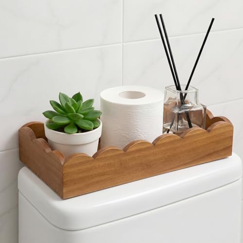AceOrbit Walnut Wood Toilet Paper Basket Storage Scalloped Wooden Toilet Tank Tray Topper Farmhouse Bathroom Storage Organizer for Bedroom Vanity Kitchen Countertop Dresser Shelf Table Home Decor - color: Walnut Wood