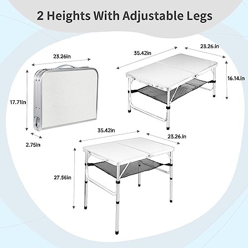 Medium Folding Table, 35" x 24" Portable Camping Table with 2 Adjustable Height Max 28", 3FT Foldable Table with Storage Net, White Metal Table for Patio, BBQ, Camping and Backpacking - size: M[35"*24"*28"]