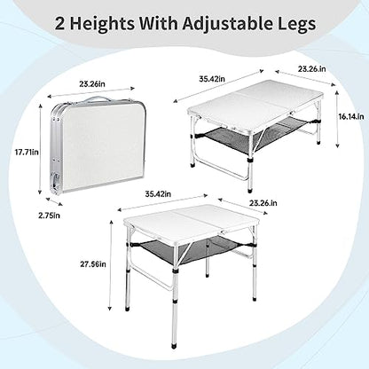 Medium Folding Table, 35" x 24" Portable Camping Table with 2 Adjustable Height Max 28", 3FT Foldable Table with Storage Net, White Metal Table for Patio, BBQ, Camping and Backpacking - size: M[35"*24"*28"]