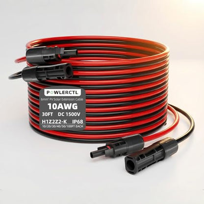 Solar Panel Extension Cable 10 AWG 30Ft 6mm² Wire Gauge Certified PV Cable,100% Tinned Copper Heavy Duty with Male and Female Waterproof mc4 Connectors,for RV, Home Boat Photovoltaic Systems - size: 10AWG 30FT×2
