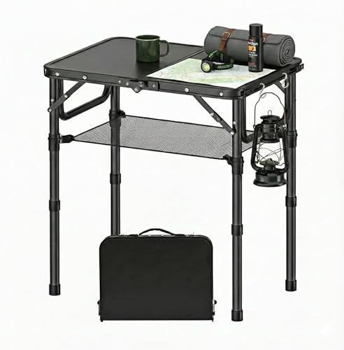 YihuiKo Small Folding Camping Table with Storage Net, 3 Adjustable Heights Foldable Table Lightweight & Portable with Carry Handle for Outdoor Indoor, Pure Black - size: 16"D x 24"W x 27.5"H, style: Pure Black