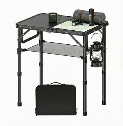 YihuiKo Small Folding Camping Table with Storage Net, 3 Adjustable Heights Foldable Table Lightweight & Portable with Carry Handle for Outdoor Indoor, Pure Black - size: 16"D x 24"W x 27.5"H, style: Pure Black