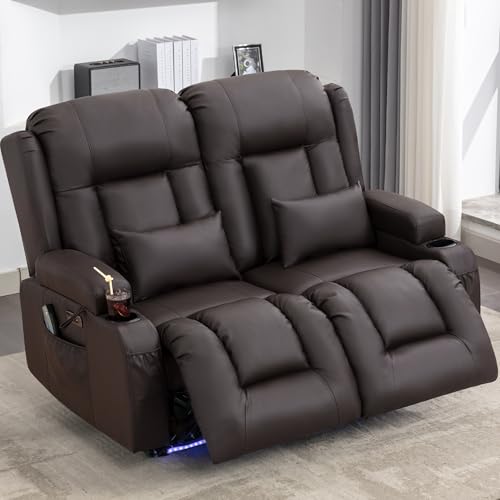 URRED Power Loveseat Recliner Sofa with Massage and Heat, Wall Hugger Reclining Loveseat, RV Couch Home Theater Seating with LED Lights for Living Room (Dark Brown, 54" - 2 Seats) - color: Dark Brown, size: 54" - 2 Seats