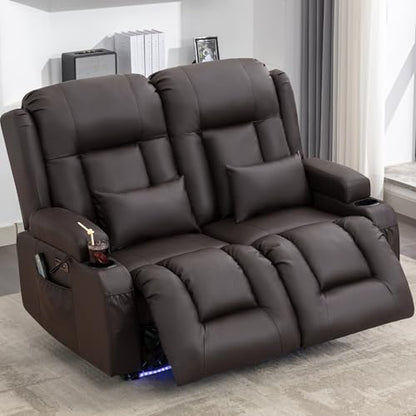 URRED Power Loveseat Recliner Sofa with Massage and Heat, Wall Hugger Reclining Loveseat, RV Couch Home Theater Seating with LED Lights for Living Room (Dark Brown, 54" - 2 Seats) - color: Dark Brown, size: 54" - 2 Seats