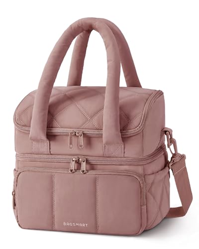 BAGSMART Lunch Bag Women, Double Deck Insulated Lunch Box, Quilted Puffer Lunch Tote, Leakproof, Durable & Reusable Large Lunch Cooler For Work Picnic Travel Meal Prep, Dark Pink - color: Dark Pink, size: Large(double deck)