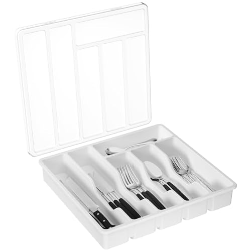 Lifewit Silverware Organizer with Lid, Covered Utensil Tray for Kitchen Drawer and Countertop, Plastic Cutlery and Flatware Storage Box for Spoons Forks Knives Holder Case, 12.6x11.8", White - color: White, size: 12.6"L x 11.8"W