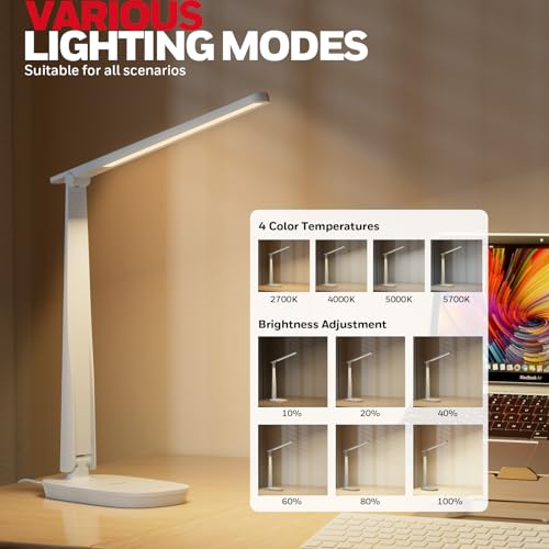 Honeywell HWT-H2 LED Desk Lamp for Home Office, CRI94 Full Spectrum Eye-Caring Light, Dimmable Table Lamp with USB-A & USB-C Charging Ports, Foldable Touch Control Reading Lamp, White - color: White