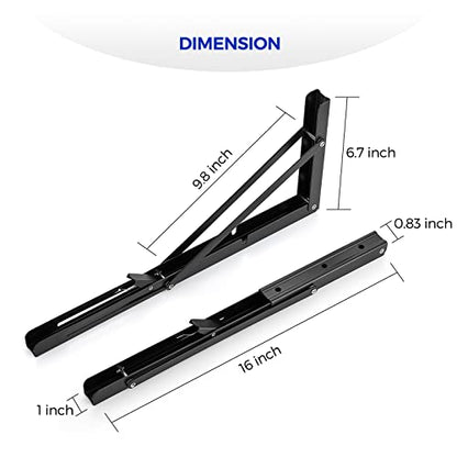 Ravinte 2 Pack 16 Inch Folding Shelf Brackets – Matte Black, Heavy Duty Collapsible Brackets for Tables and Benches – Space-Saving Design - size: 16 Inch