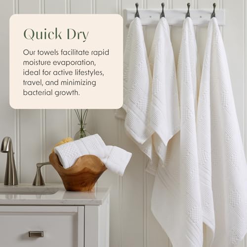 Springtree Home 100% Cotton Bath Towel Set of 4 | White Towels | Geometric Textured Design | Absorbent & Quick-Dry | 4 Bath Towels | Oeko-TEX® Standard 100 Cotton | Myla Collection - White - color: Bright White, size: Bath Towel (4 Pack)