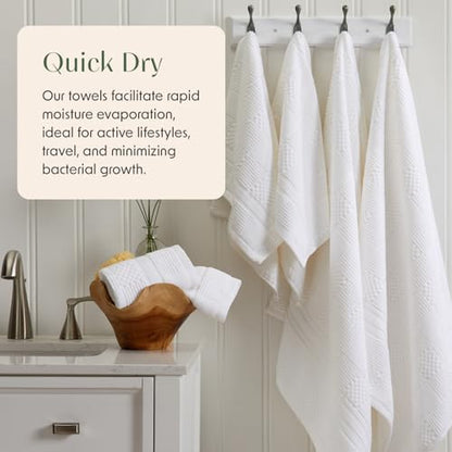 Springtree Home 100% Cotton Bath Towel Set of 4 | White Towels | Geometric Textured Design | Absorbent & Quick-Dry | 4 Bath Towels | Oeko-TEX® Standard 100 Cotton | Myla Collection - White - color: Bright White, size: Bath Towel (4 Pack)