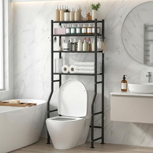 GloTika 4-Tier Over Toilet Storage with Anti-Tilt Safety System - 150lb Total Capacity Metal Bathroom Shelves Including Paper Holder & 4 Hooks, Space Saving Above Commode Organizer (64" H, Black) - color: Black, size: 4-Tier