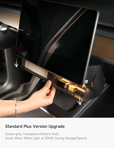 TPARTS Hidden Magnetic (Under Screen) Storage Box for Tesla Model 3/Y with Open-Close Design Center Console Organizer Dashboard Vehicle Tissue Holder with Smart Warm White Light - size: MY (20-24)/M3 (21-23)