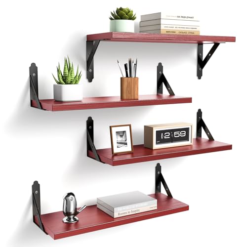 ROMGUAR CRAFT Wood Floating Shelves Set of 4, Rustic Storage Decor Wall Shelves, Wall Mounted Shelf for Living Room, Bedroom 17" x 6", Red - color: Red, size: 17" x 6"