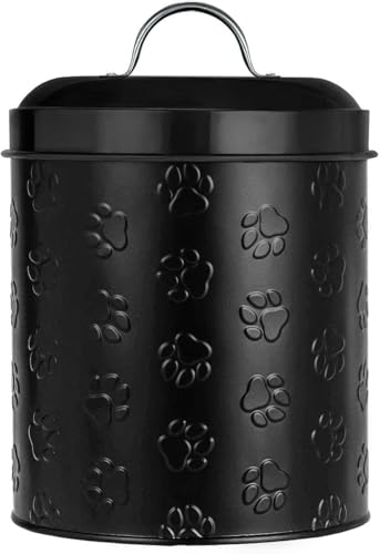 Amici Puppy Paws Embossed Pet Food Canister, Pet Storage Containers, Airtight Lid, Dog Treat Jar, Rustic Metal Treat Canister for Kitchen Counter (Black, 104 Oz) - color: Black, size: 104 fl oz