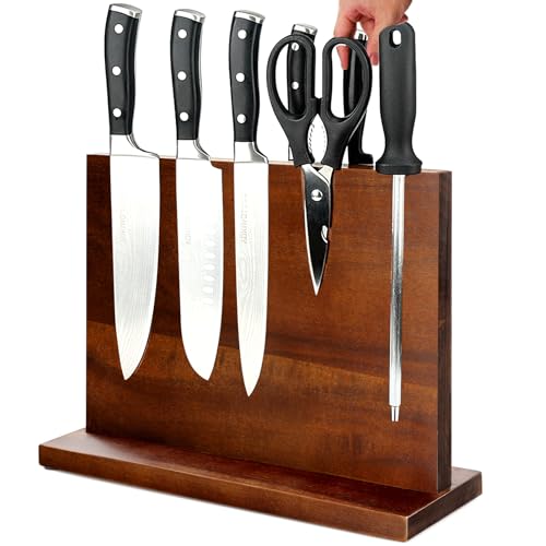 Magnetic Knife Block Double Sided Magnetic Knife Holder Rack with Strong Enhanced Magnets Acacia Wood Magnetic Knife Storage Stand-Dark Brown - color: Acacia Wood-Dark Brown