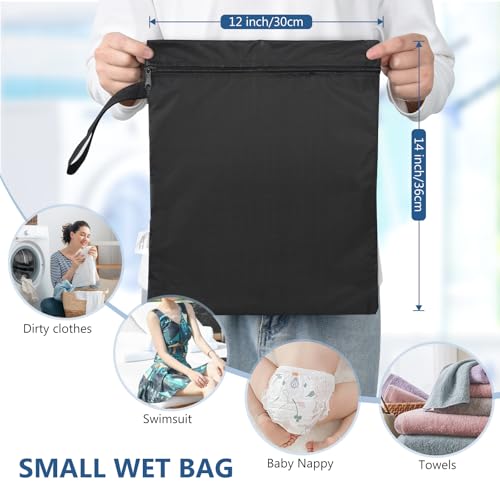 OTraki 2PCS Small Wet Bag for Swimsuit 12x14 Inch Waterproof Wet Dry Bag | Wet Clothes Bag with Handle & Zippered Reusable Washable Travel Bags for Beach Pool Yoga Gym, Drying Do Not Exceed 176℉ Black