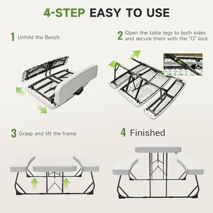 Picnic Table with Benches, Durable All-Weather Steel Frame, Stable & Easy to Clean, Portable Camping Table and Chairs for Outdoor & Indoor Use