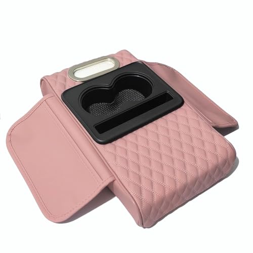 Car Armrest Cushion,5-in-1 Center Console Cover with 2 Storage Bags Cup Holder, Tissue Box Slot, Phone Slot for Sedans, Car Accessories Interior Organizers (Pink) - color: Pink