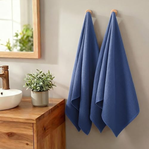 REDKISS 100% Cotton Waffle Weave Bath Towels 4 Pack - 27.5x55 Inches| Lightweight, Quick Dry & Highly Absorbent,Perfect for Spa, Gym, Travel, Guest Bathroom-Blue - color: Blue