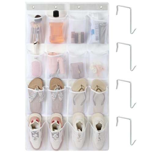 F-color 16-Pocket Hanging Organizer - Over the Door Shoe Organizer, Cruise Essentials for Cabin & RV, Breathable Mesh Storage Pockets, Space Saving Hanging Storage Holder with 4 Sturdy Metal Hooks - color: White (M), size: M - 16 Pockets/4 Hooks